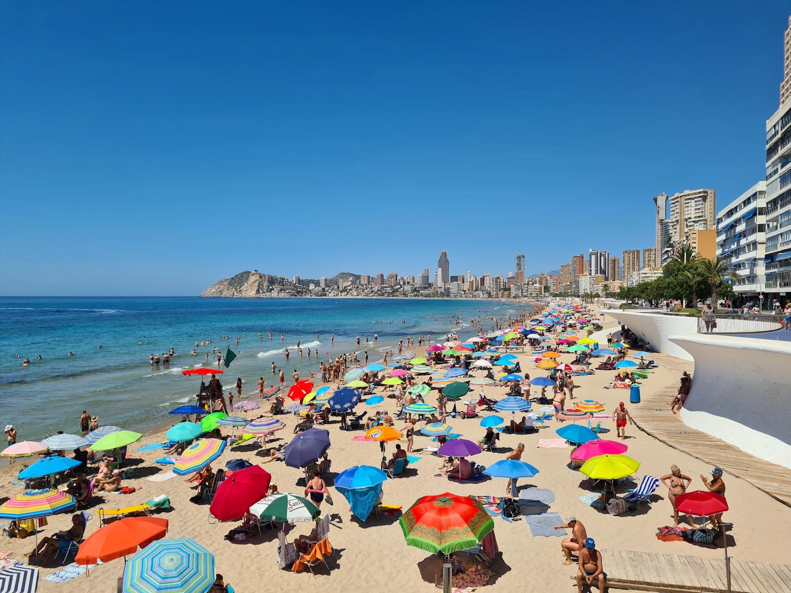 A crowded beach full of parasols in Benidorm, Spain